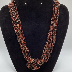 Multi-Strand Beaded Knot Necklace in Black, Red & Gold-Tone
